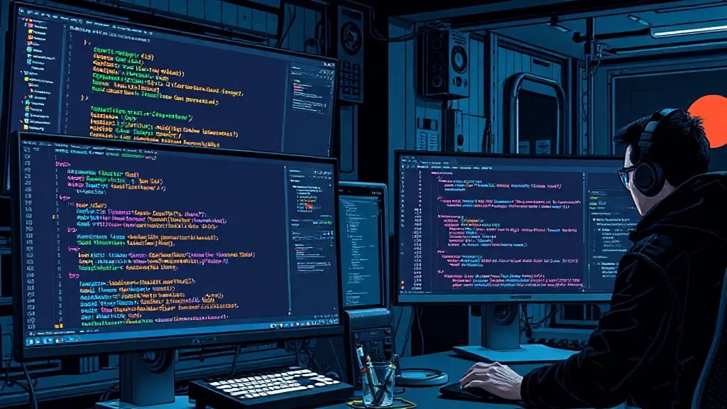 Cyberpunk workspace aesthetic showing a developer coding Python on a multiple monitor setup, one screen displaying FastA