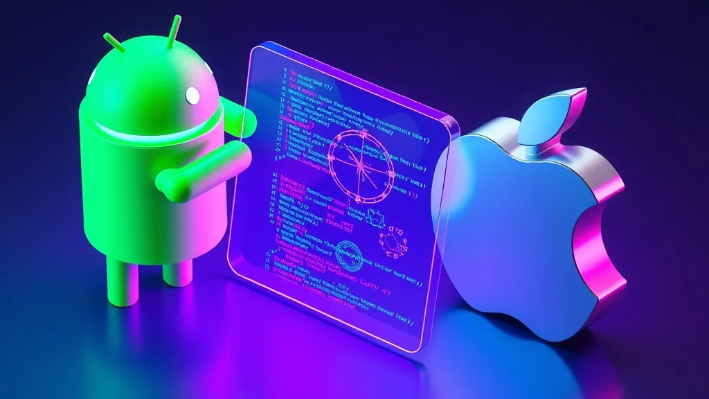 Isometric 3D rendering of a stylized glowing green Android mascot and a sleek silver Apple logo side-by-side, analyzing 