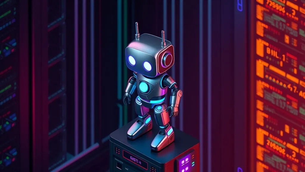 Isometric 3D rendering of a futuristic Discord bot, sleek metallic design with glowing neon purple and cyan accents, sta