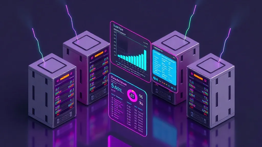 Isometric 3D rendering of multiple stylized server racks, each representing a different local LLM, emitting streams of t