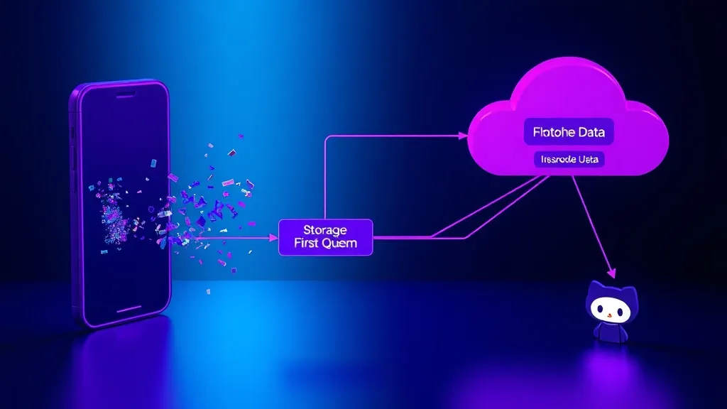 Highly detailed 3D digital art illustration of a data flow pipeline. On the left, a mobile phone icon emitting fragmente