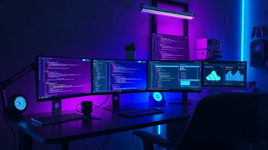 Cyberpunk workspace aesthetic showing a developer's desk with multiple holographic screens displaying code, server logs,