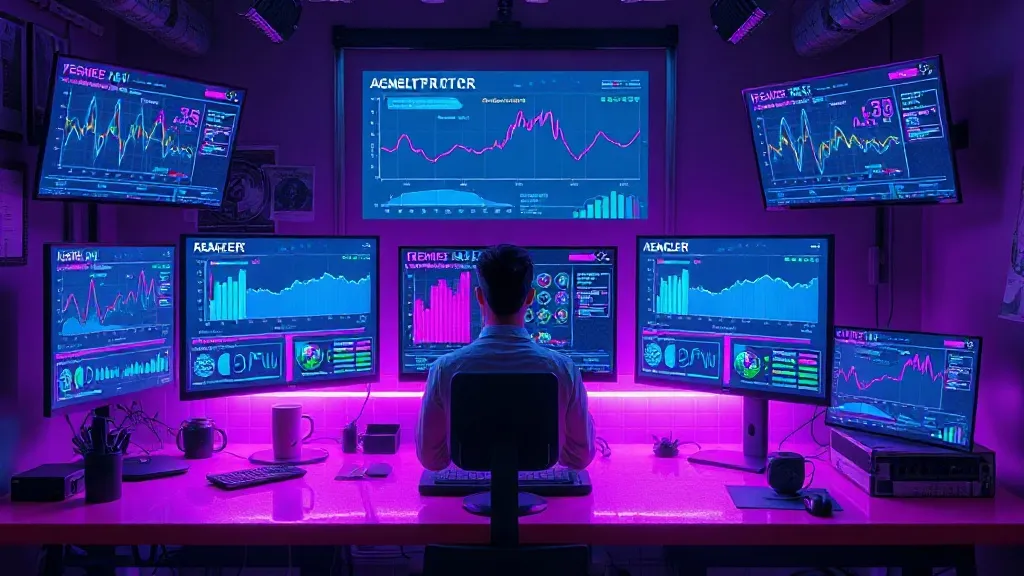 Cyberpunk workspace aesthetic showing a developer at a desk, surrounded by multiple holographic screens displaying compl