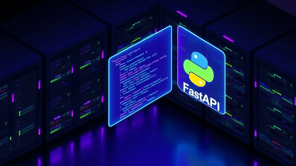 Isometric 3D rendering of a server room with racks of glowing servers, a holographic display showing Python code and Fas