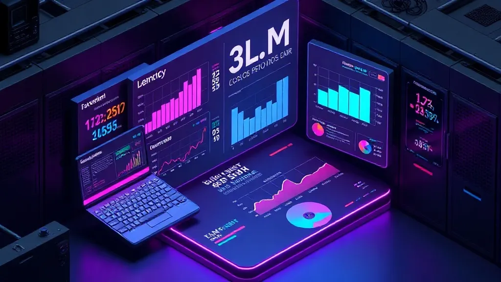 Isometric 3D rendering of a conceptual data visualization dashboard displaying LLM performance metrics: latency charts, 