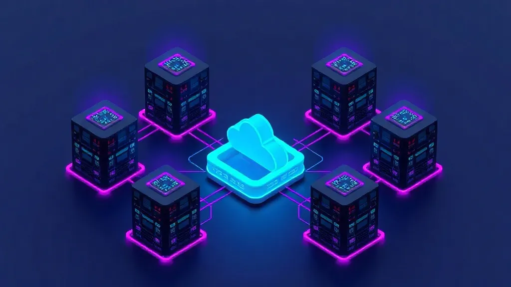 Isometric 3D rendering of a network of interconnected servers and a small cloud droplet icon at the center, with binary 