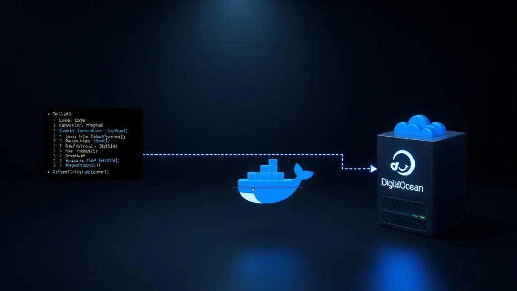 Clean dark mode UI presentation style illustration showing a simplified deployment pipeline from local code, through a D