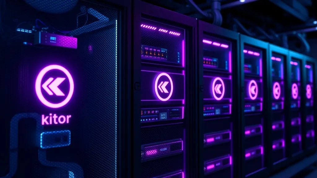 A high-tech server rack illuminated with neon purple and cyan lights, featuring stylized Ktor logos and network connecti