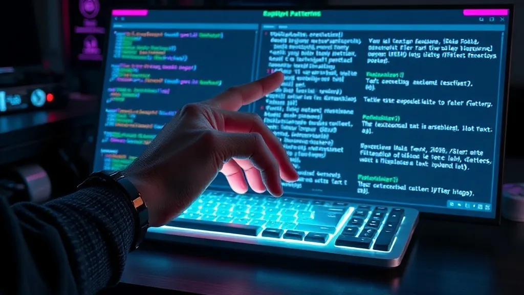 Detailed high-tech concept illustration of a developer's hand hovering over a glowing holographic keyboard, on a screen 