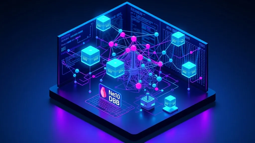 Isometric 3D rendering of a neural network visually interpreting complex data on a stylized screen, with MongoDB databas