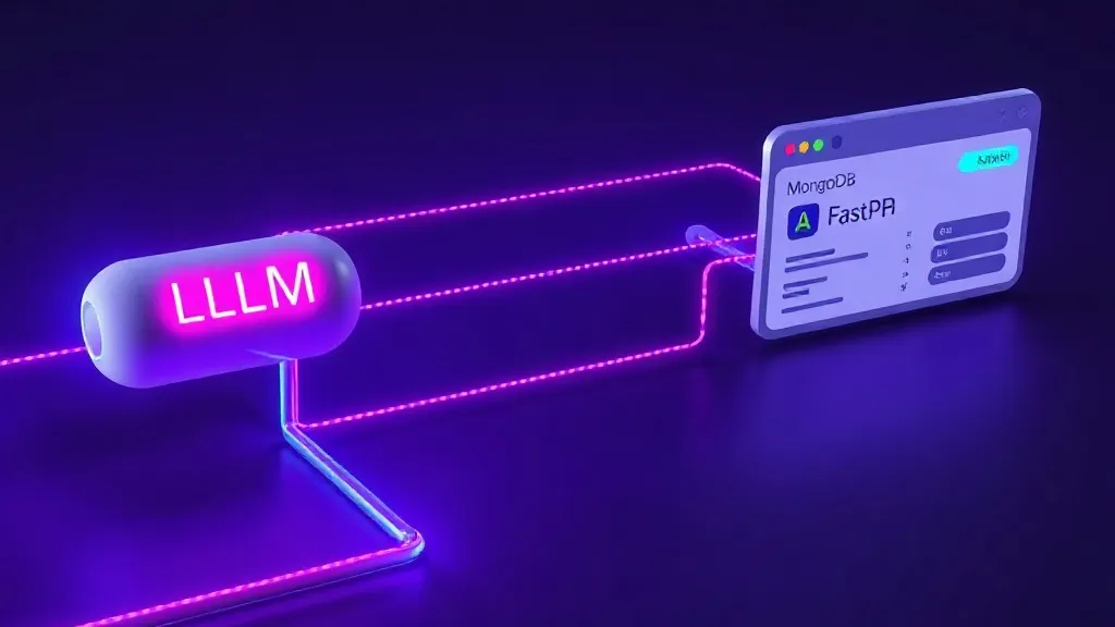 Highly detailed 3D digital art of a data pipeline showing LLM inputs flowing into a FastAPI server, then data being stor
