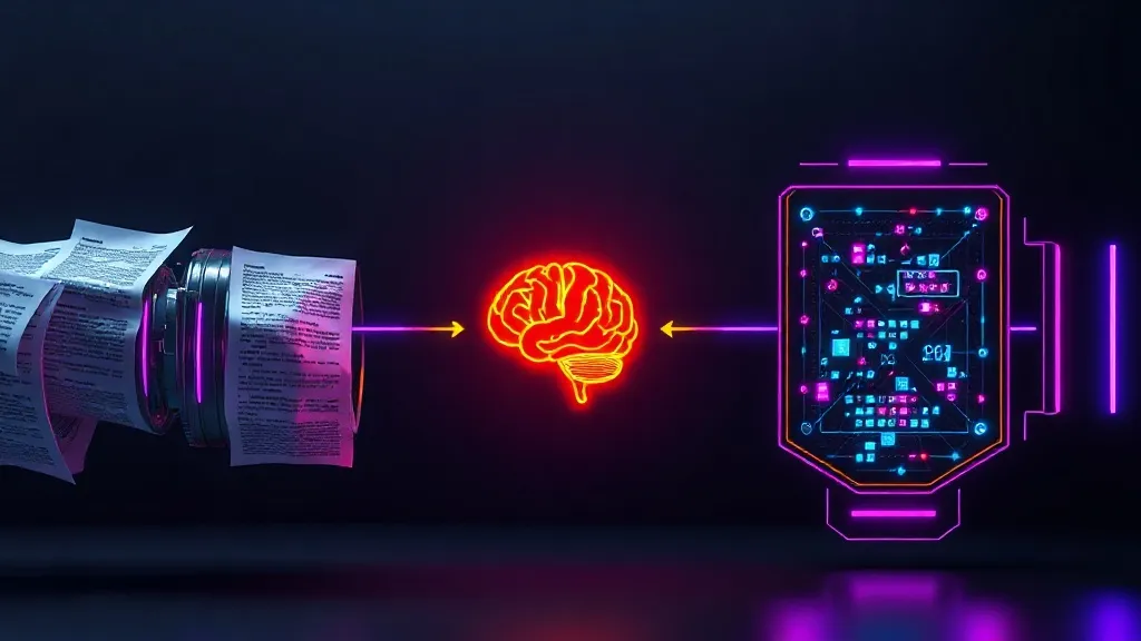 Detailed high-tech concept illustration of a data processing pipeline. On one side, messy, unstructured text documents (