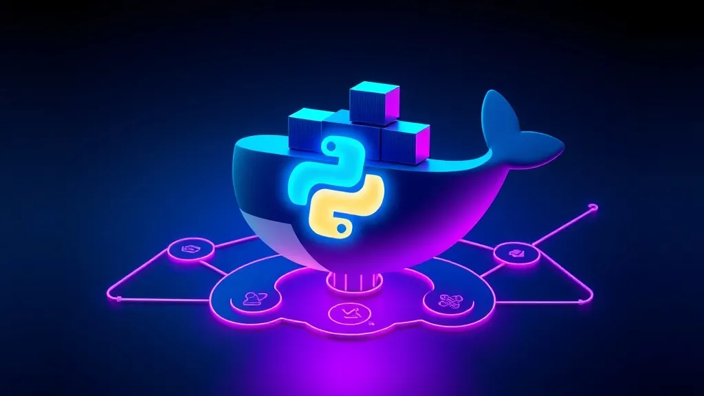 Detailed high-tech concept illustration of a Docker container icon with a glowing Python logo inside, floating above a s