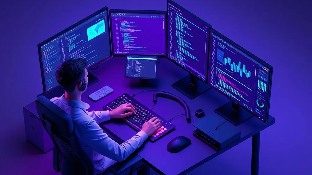 Isometric 3D rendering of a developer at a desk, typing on a futuristic keyboard, surrounded by multiple monitors displa