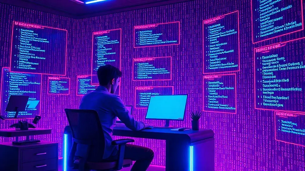 Highly detailed 3D digital art of a developer at a futuristic desk, surrounded by glowing data streams representing job 