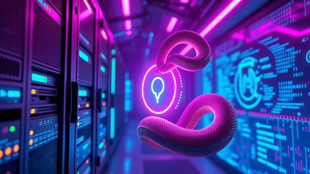 Detailed high-tech concept illustration of a server rack humming with activity, a glowing, stylized python coiled around