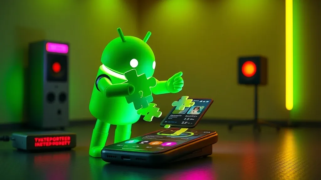 A stylized glowing green Android mascot assembly line installing puzzle pieces onto a mobile phone screen displaying Jet