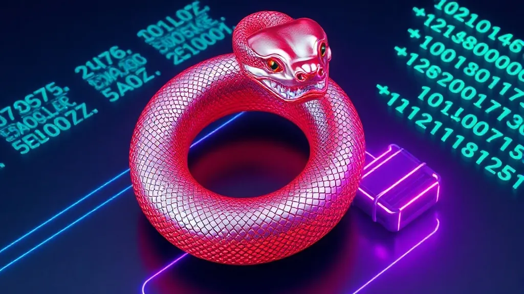 Isometric 3D rendering of a stylized glowing metallic Python coiled around a high-speed engine turbine, with binary code