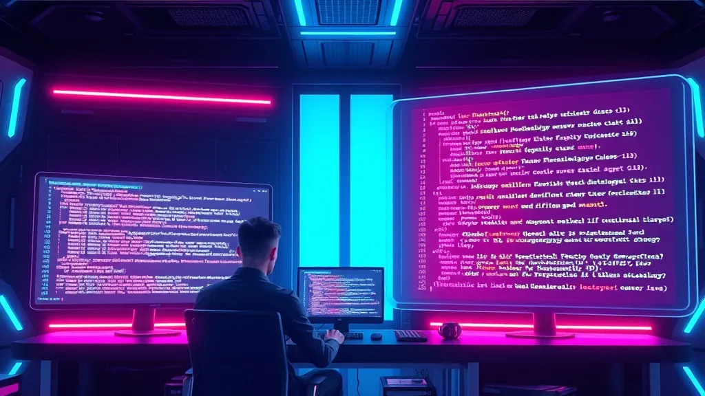 Detailed high-tech concept illustration of a futuristic developer workstation. A programmer is seated in front of multip