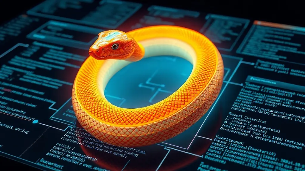 Detailed high-tech concept illustration of a stylized Python snake, glowing with vibrant neon cyan, coiling around a com