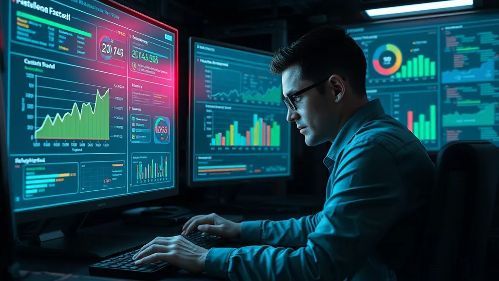 Cyberpunk workspace aesthetic showing a developer intensely analyzing a dashboard displaying RAG evaluation metrics (lik