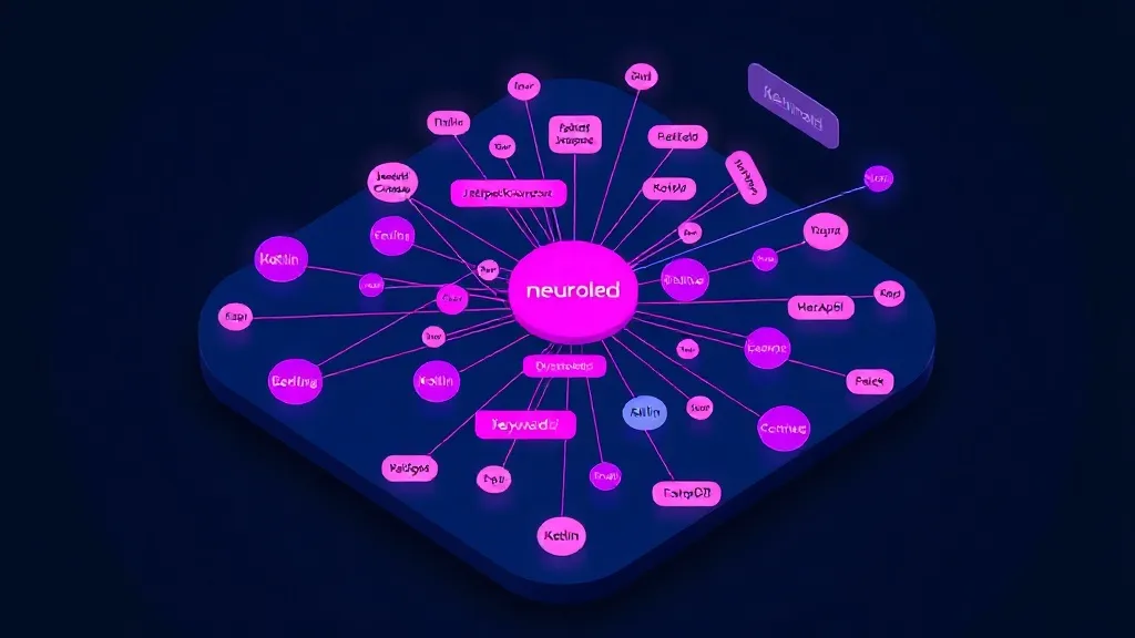 Isometric 3D rendering of a complex neural network diagram visually connecting disparate developer skills (e.g., 'Kotlin