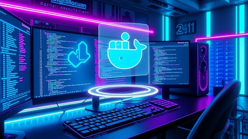 Detailed high-tech concept illustration of a developer's workstation, multiple holographic screens displaying Python cod