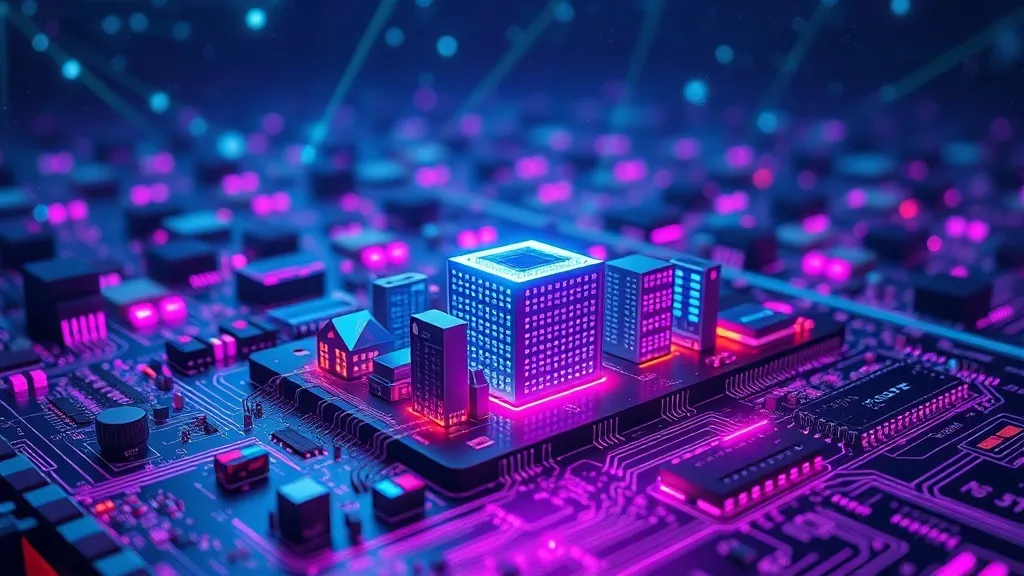 Highly detailed 3D digital art of a miniature city built on a circuit board, with small server towers representing dropl