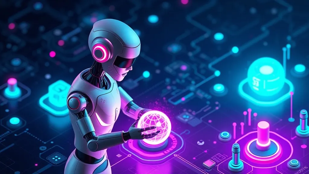 Isometric 3D rendering of a sophisticated AI agent, depicted as a sleek, metallic robot with glowing optical sensors, ac