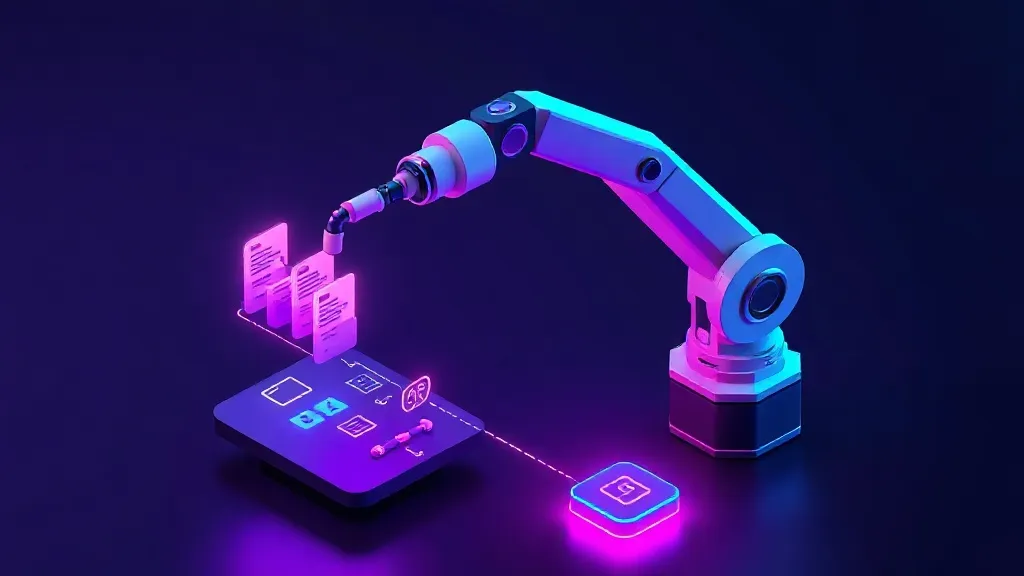 Isometric 3D rendering of a robotic arm systematically picking up different types of data documents and feeding them int