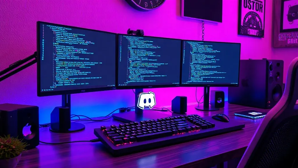 Cyberpunk workspace aesthetic of a developer's desk with multiple monitors displaying Python code for a Discord bot, a m