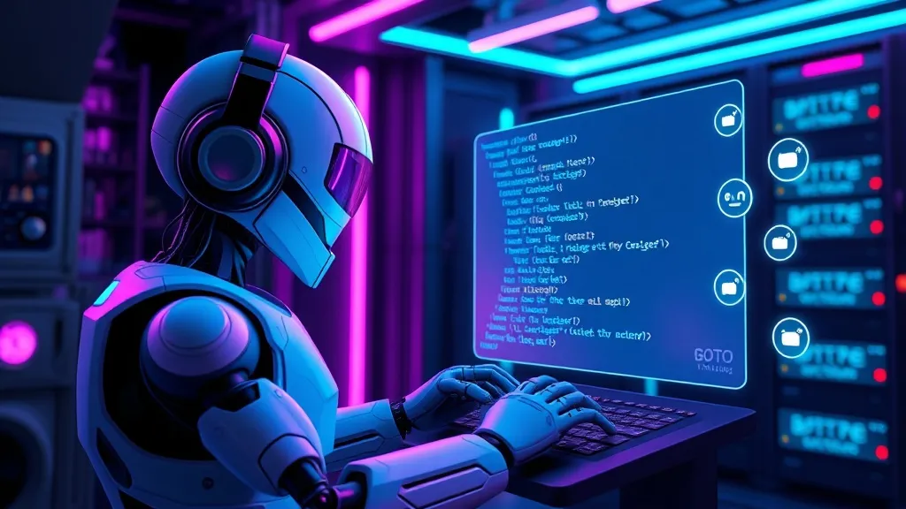 A stylized futuristic robot wearing headphones, typing on a holographic terminal displaying Discord messages and Kotlin 