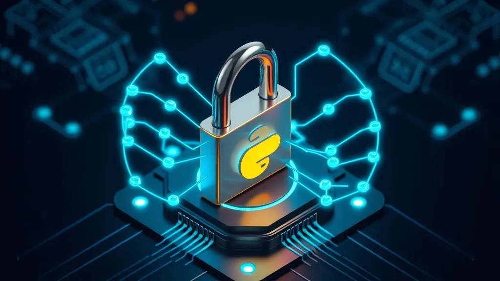 Isometric 3D rendering of a central glowing Python GIL lock represented as a digital padlock, with multiple vibrant neon