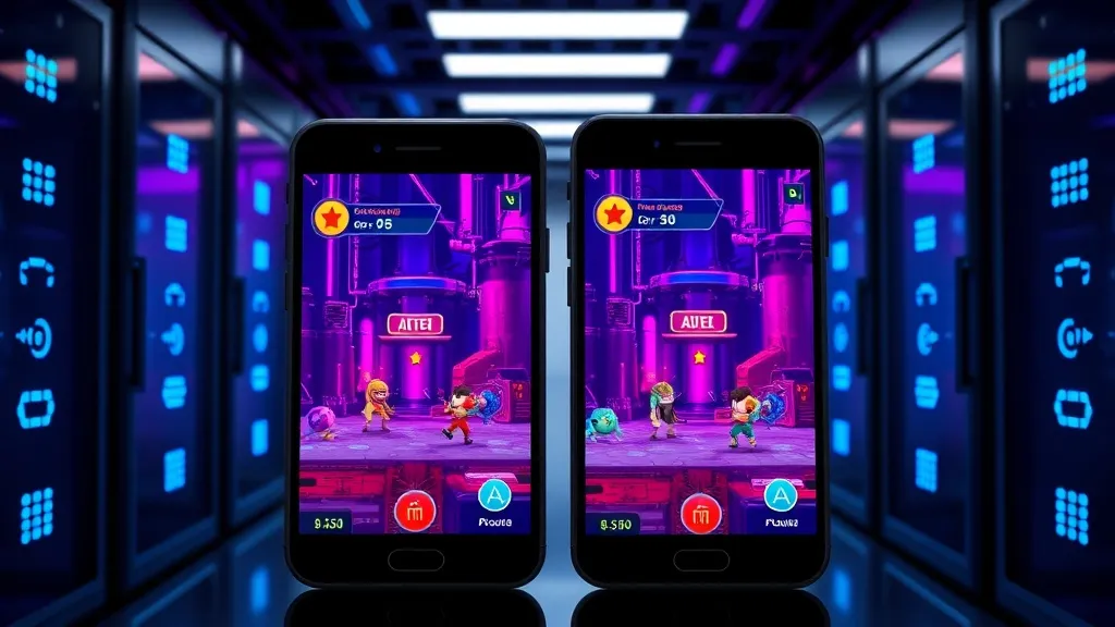 Clean dark mode UI presentation style of two mobile phones, one Android and one iOS, side-by-side. Both screens display 