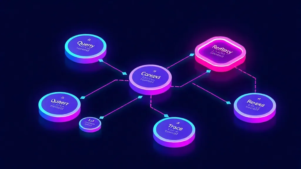 Isometric 3D rendering of a data flow diagram representing a RAG pipeline. Distinct nodes for 'Query', 'Embeddings', 'Re
