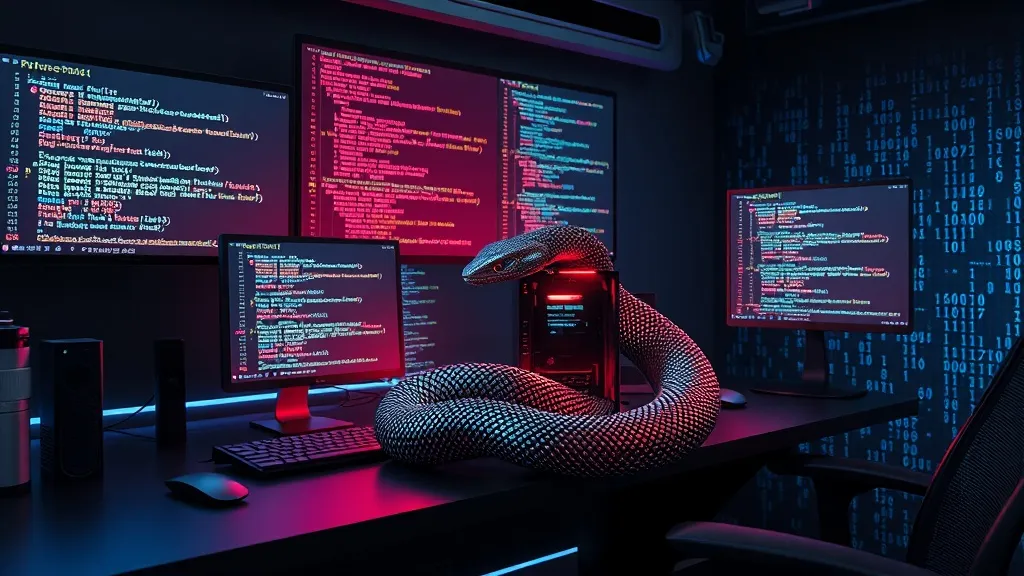 Cyberpunk workspace aesthetic showing a developer's desk with multiple holographic screens displaying code for Python/Fa
