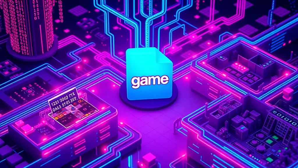 A detailed high-tech concept illustration of a complex data flow. A stylized, glowing blue '.game' file icon sits at the