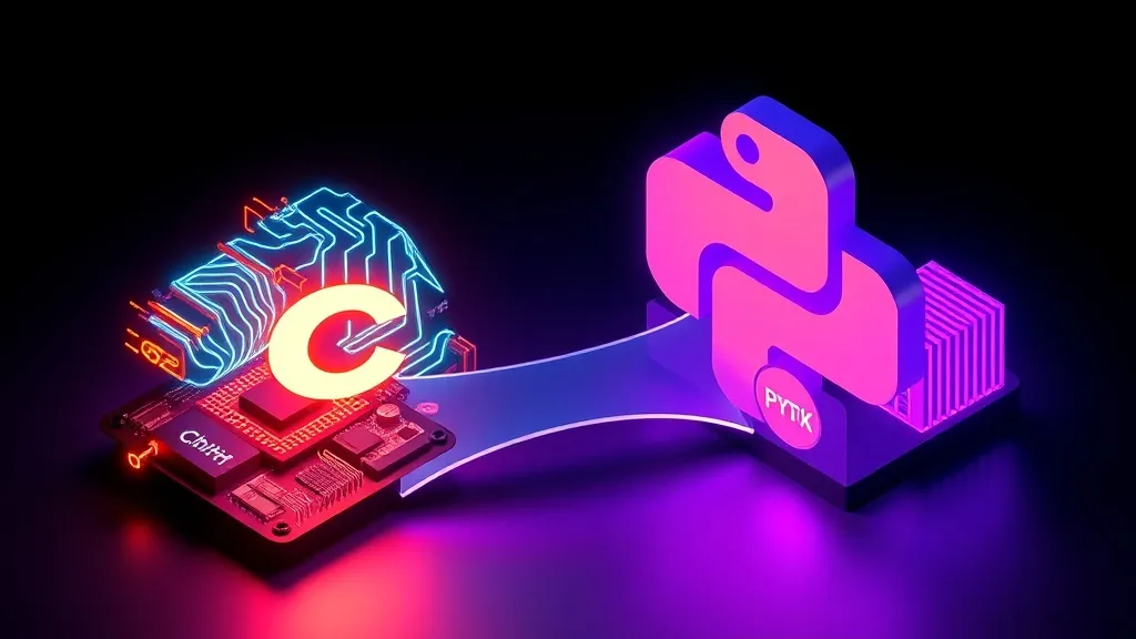 Isometric 3D rendering of a hybrid digital system. On one side, flowing binary code and circuit board elements glowing n