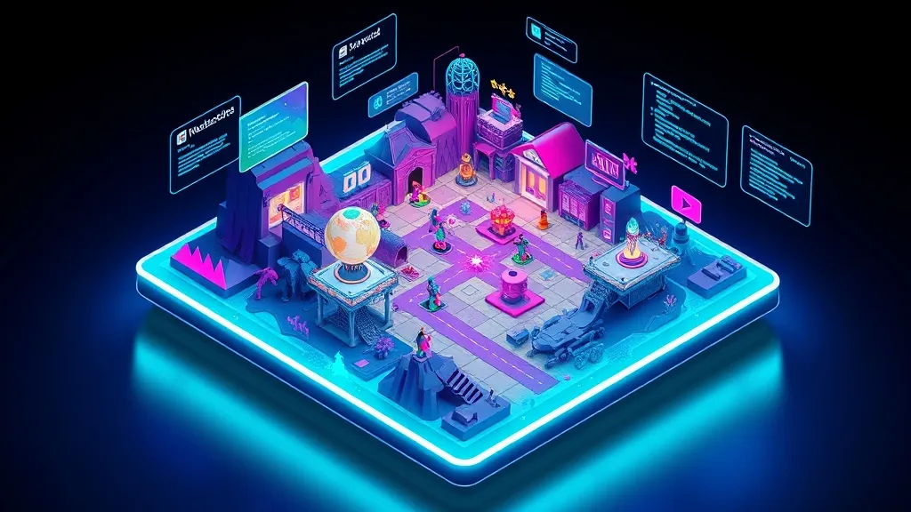 Isometric 3D rendering of a visually stunning game level being constructed on a large, futuristic holographic table. The