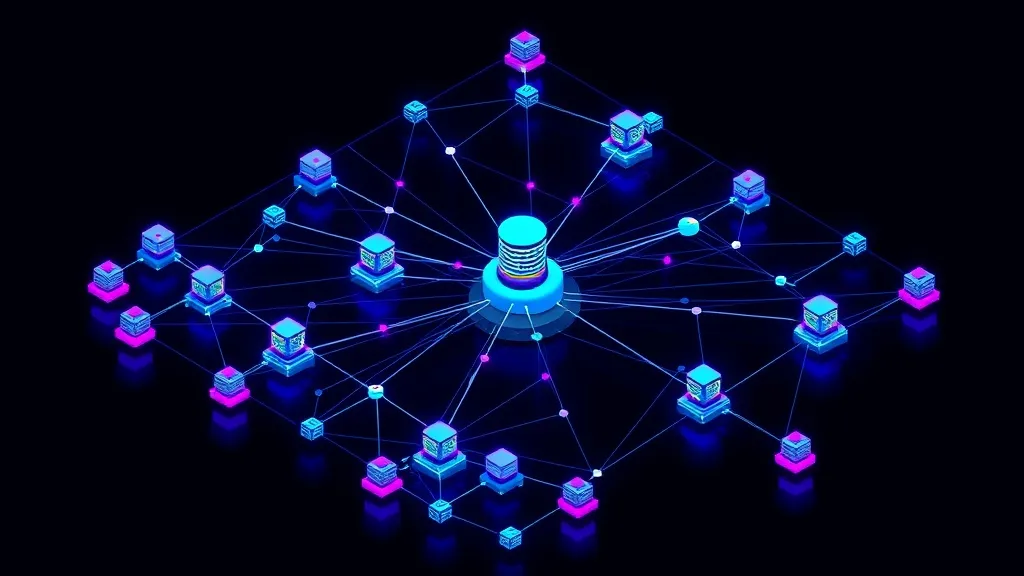 Isometric 3D rendering of a network graph where each node is a miniature, self-contained AI agent making independent dec
