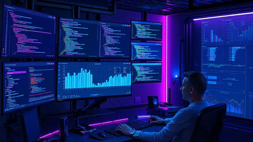 Detailed high-tech concept illustration of a developer's workstation. Multiple monitors display code editors, a dashboar
