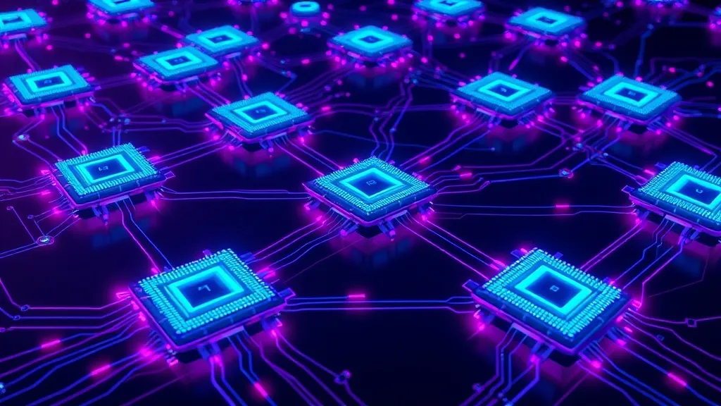 Detailed high-tech concept illustration depicting a decentralized network of autonomous IoT devices, each represented by
