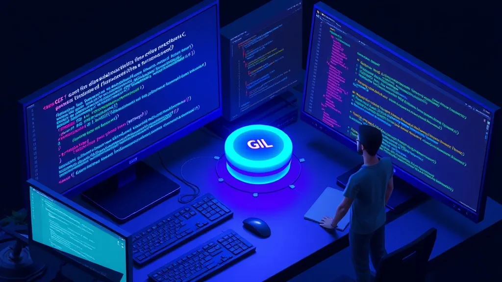 Isometric 3D rendering of a busy, efficient developer workspace. On one monitor, C++ code with multiple distinct paralle