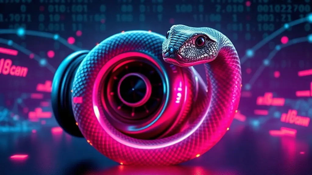 Stylized glowing metallic python coiled around a high-speed engine turbine, with binary code flows and data points in th
